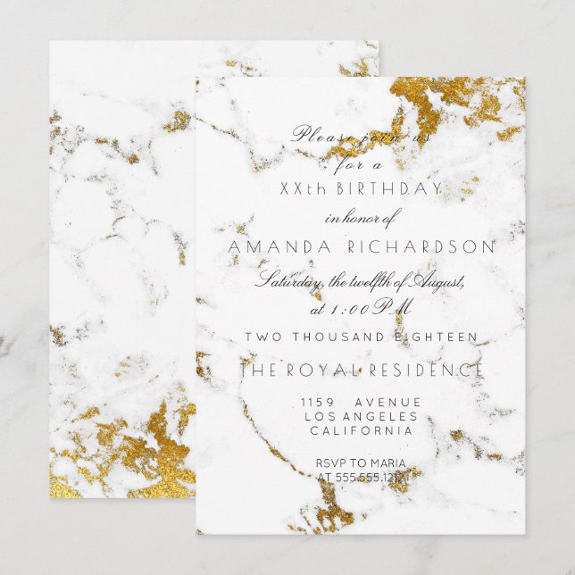 Minimalism White Carrara Marble Gold Birthday Invitation (Front/Back)