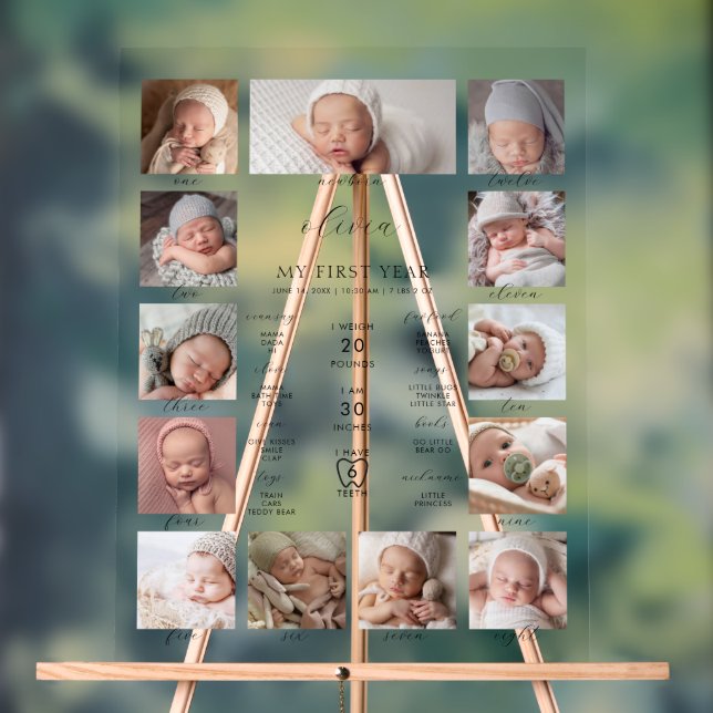 Minimalist 1st Birthday Milestone Photo Collage Acrylic Sign (Neutral)