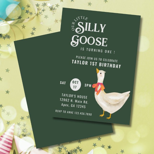 Minimalist 1st One Silly Goose Birthday Invitation (Minimalist “One Silly Goose” 1st birthday invite with dark green background and simple layout.)