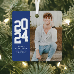 Minimalist 2024 Blue White Photo Graduate Metal Ornament