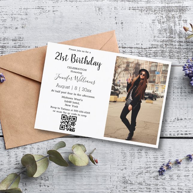 minimalist 21st birthday photo qr code party invitation (Creator Uploaded)