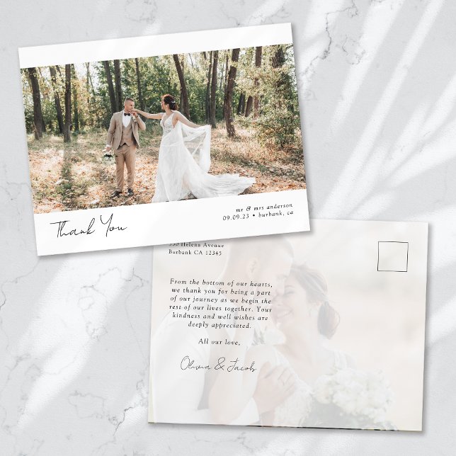 Minimalist 2 Photo Calligraphy Wedding Thank You Postcard (Creator Uploaded)