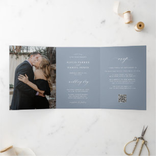 Minimalist 2 photo dusty blue wedding RSVP QR Tri-Fold Invitation