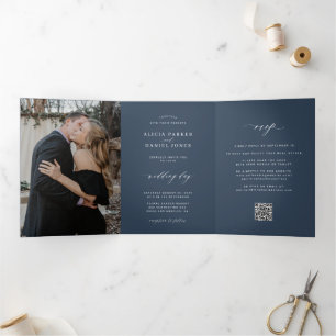 Minimalist 2 photo navy blue wedding RSVP QR Tri-Fold Invitation