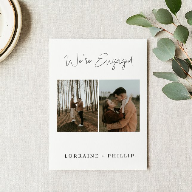 Minimalist 2-Photo, script Engagement Party Invitation (Clean and minimal double photo Modern Minimalist Engagement Party Invitation with white background.)