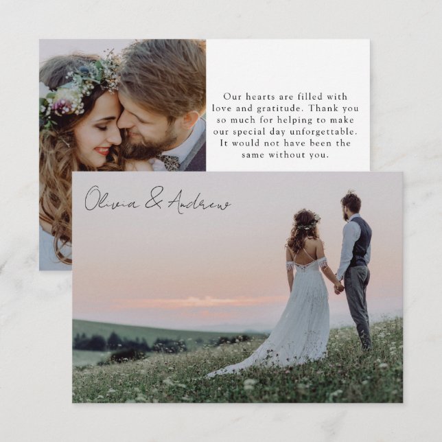 Minimalist 2 Photo Wedding Calligraphy  Thank You Card (Front/Back)