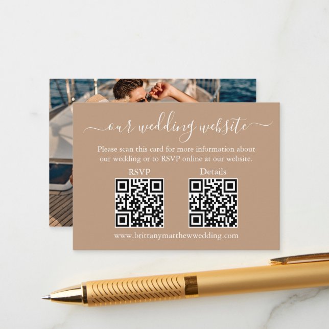 Minimalist 2 QR Wedding RSVP Details Photo Taupe Enclosure Card (Front/Back In Situ)