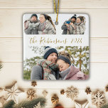 Minimalist 3 Couple Photo Collage Christmas  Ceramic Ornament<br><div class="desc">Modern Simple Elegant Calligraphy Gold White 3 Couple Photo Collage Merry Christmas Script Ceramic Ornament. This festive, minimalist, whimsical three photo holiday Ornament features a pretty grid photo collage and Family name and year! The family name is written in a hand lettered swirly font script in gold on white colour...</div>
