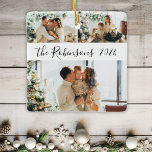 Minimalist 3 Family Photo Collage Christmas  Ceramic Ornament<br><div class="desc">Modern Simple Elegant Calligraphy Black White 3 Family Photo Collage Merry Christmas Script Ceramic Ornament. This festive, minimalist, whimsical three photo holiday Ornament features a pretty grid photo collage and Family name and year! The family name is written in a hand lettered swirly font script in black on white colour...</div>