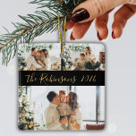 Minimalist 3 Family Photo Collage Christmas  Ceramic Ornament<br><div class="desc">Modern Simple Elegant Calligraphy Black Gold 3 Family Photo Collage Merry Christmas Script Ceramic Ornament. This festive, minimalist, whimsical three photo holiday Ornament features a pretty grid photo collage and Family name and year. The family name is written in a hand lettered swirly font script in gold on black colour...</div>