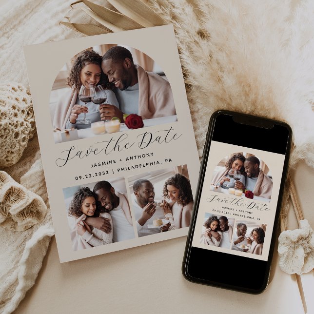 Minimalist 3-Photo Arch Collage Beige Save The Date (Creator Uploaded)