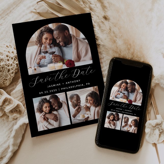 Minimalist 3-Photo Arch Collage Black and White Save The Date (Creator Uploaded)