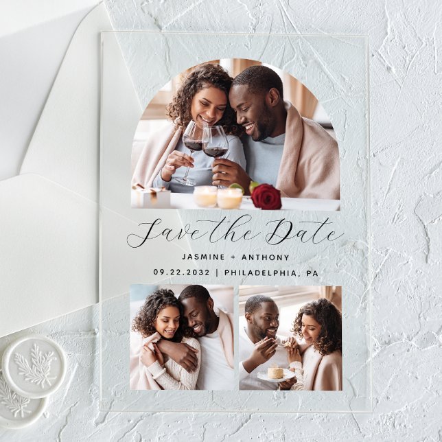 Minimalist 3-Photo Arch Collage Save the Date Acrylic Invitations (Creator Uploaded)