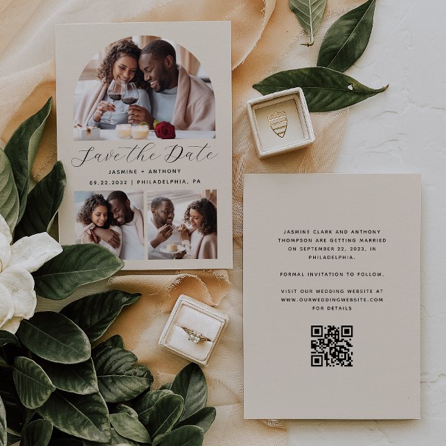 Minimalist 3-Photo Arch QR Code Beige Save The Date (Creator Uploaded)