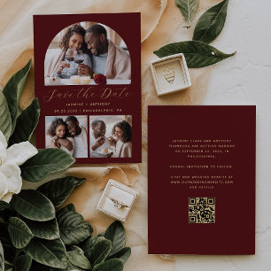 Minimalist 3-Photo Arch QR Code Burgundy Gold Save The Date