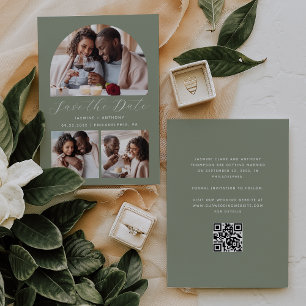Minimalist 3-Photo Arch QR Code Sage Green Save The Date