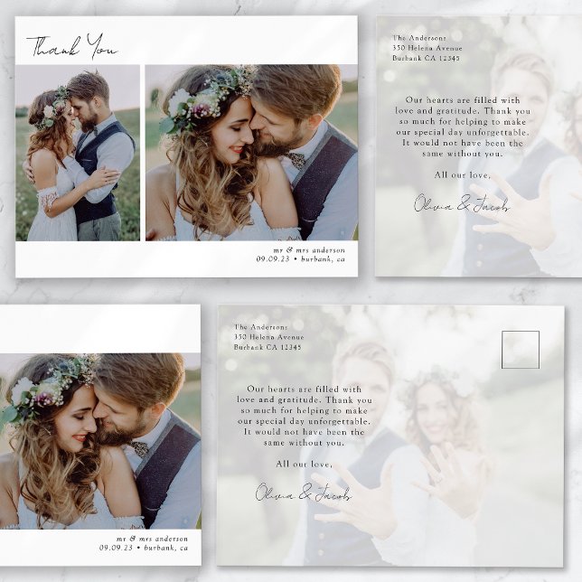 Minimalist 3 Photo Calligraphy Wedding Thank You  Postcard (Creator Uploaded)