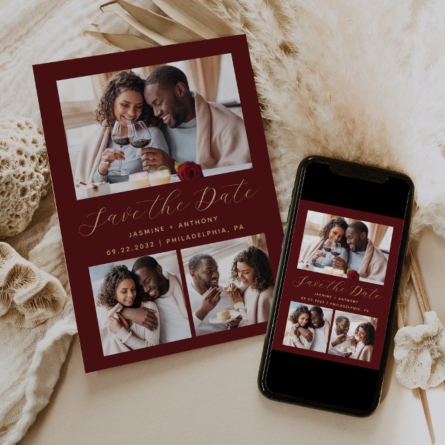 Minimalist 3-Photo Collage Burgundy Gold Save The Date (Creator Uploaded)