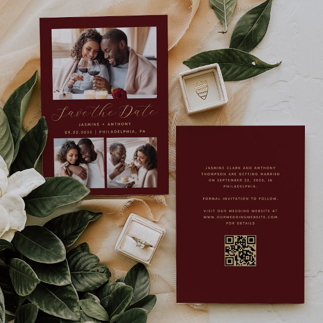 Minimalist 3-Photo Collage QR Code Burgundy Gold Save The Date (Creator Uploaded)