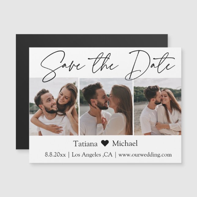 minimalist 3 photo collage save the date  magnet (Front/Back)