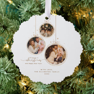 Minimalist 3-Photo Family Merry Christmas Holiday Ornament Card