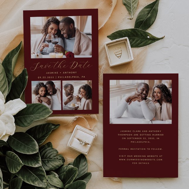 Minimalist 4-Photo Burgundy Gold Save The Date (Creator Uploaded)