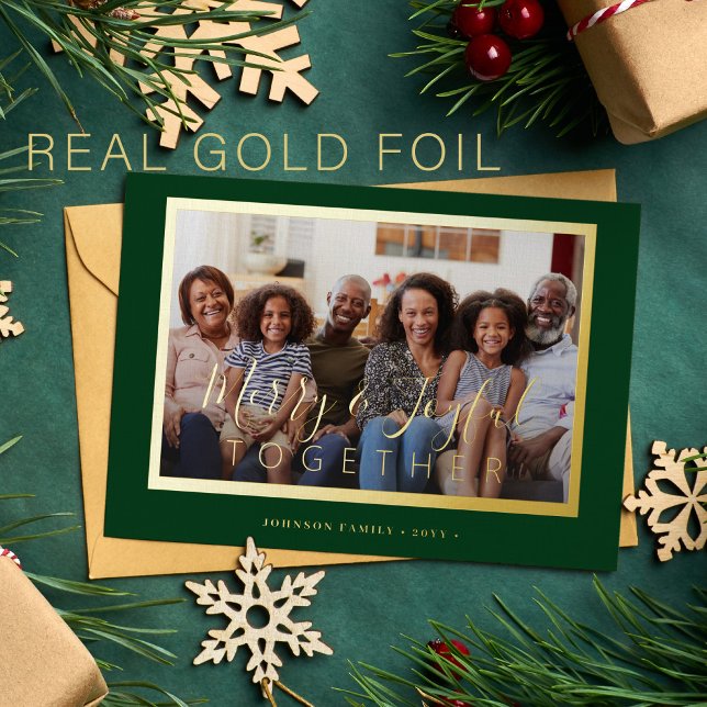 Minimalist 4 photo collage gold script Christmas Foil Holiday Card (Creator Uploaded)