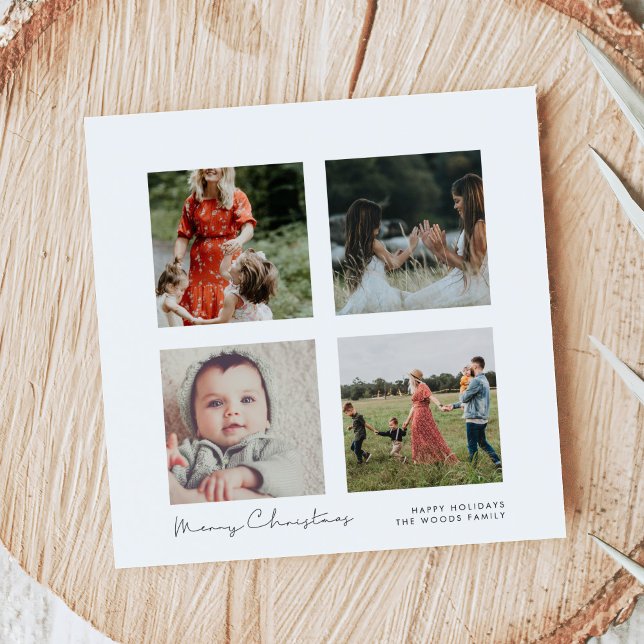 Minimalist 4 photo Collage Square Merry Christmas Holiday Card (Creator Uploaded)