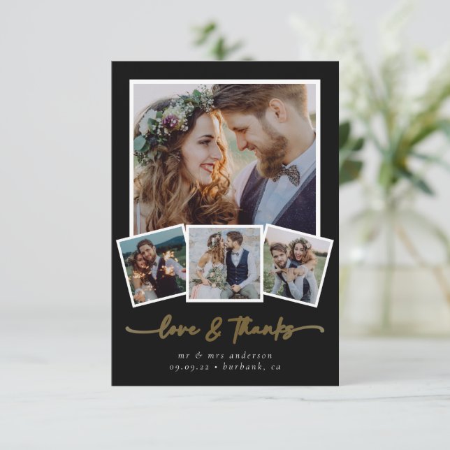 Minimalist 4 Photo Love & Thanks Wedding Thank You Card (Standing Front)