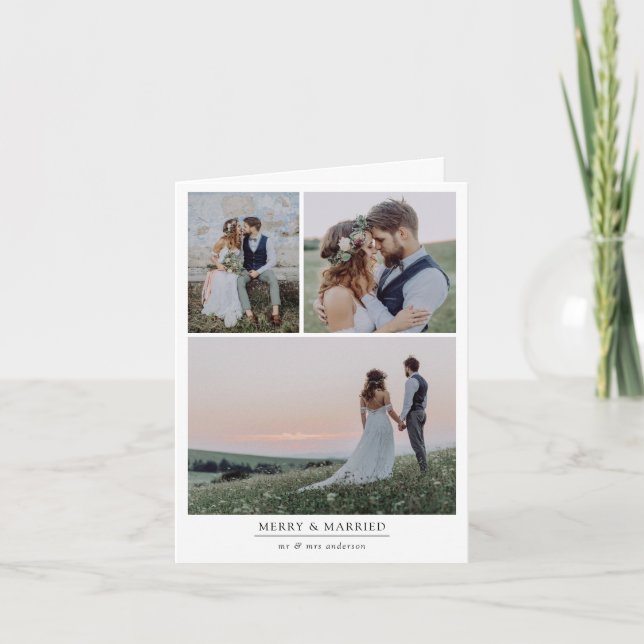 Minimalist 4 Photo Wedding MERRY & MARRIED Folded  Holiday Card (Front)