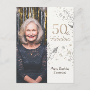 Minimalist 50 and Fabulous Floral Folded Photo Postcard
