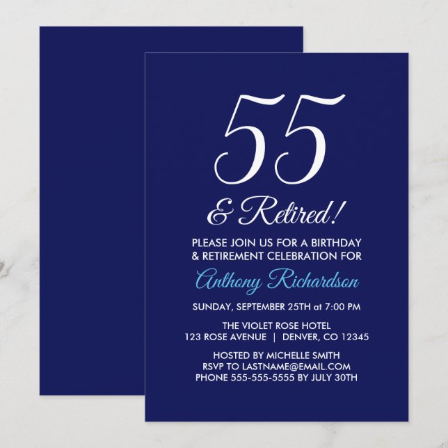 Minimalist 55 and Retired Dark Purple Retirement Invitation (Front/Back)