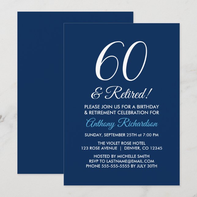 Minimalist 60 and Retired Navy Blue Retirement Invitation (Front/Back)