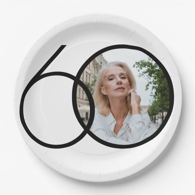 Minimalist 60th Birthday Photo Black White Chic Paper Plate (Front)