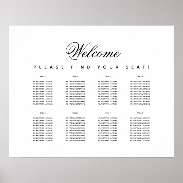 Minimalist 8 Table Black and White Seating Chart (Front)