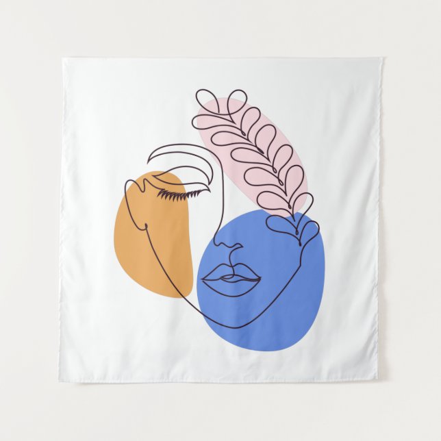 Minimalist Abstract Face Portrait Line Art Drawing Tapestry (Front)