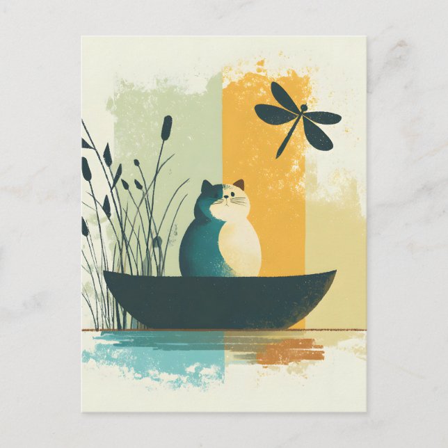 Minimalist Abstract Lake Chubby White Cat Canoe Announcement Postcard (Front)