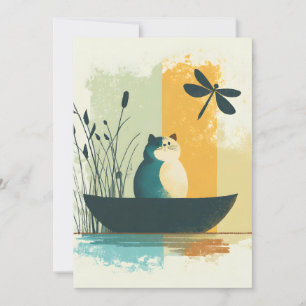 Minimalist Abstract Lake Chubby White Cat Canoe Holiday Card