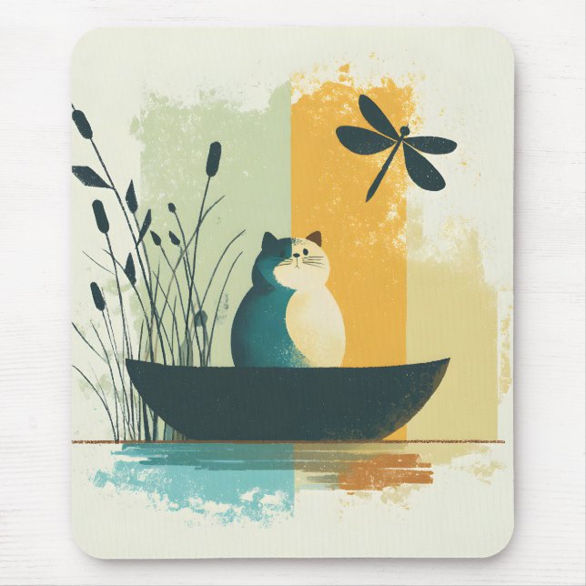Minimalist Abstract Lake Chubby White Cat Canoe Mouse Pad (Front)