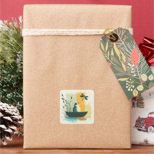 Minimalist Abstract Lake Chubby White Cat Canoe Square Sticker