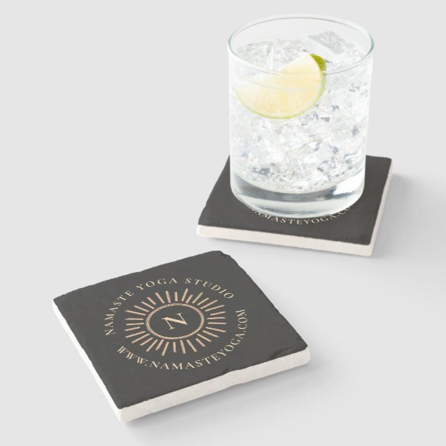 Minimalist Abstract Monogram Black Yellow Gold Stone Coaster (Side)