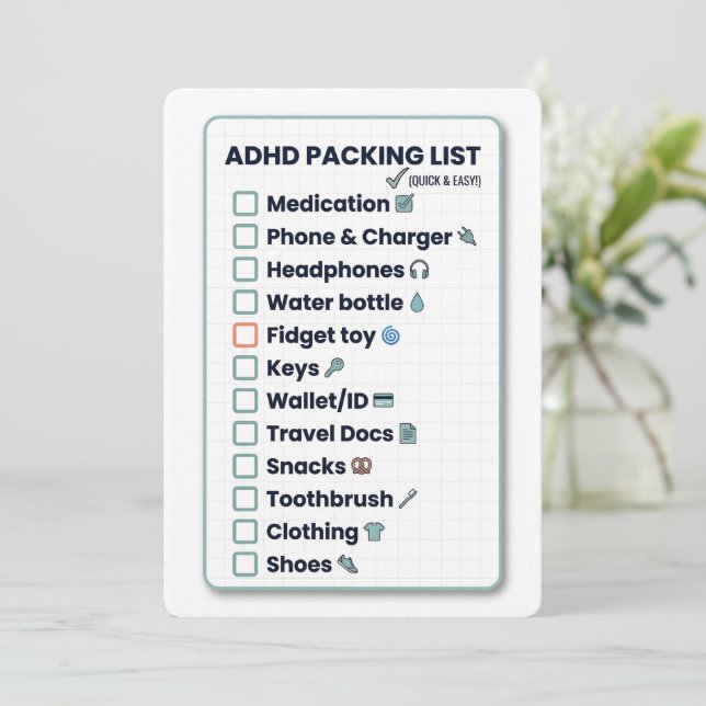 Minimalist ADHD Packing List Travel Checklist Card (Standing Front)
