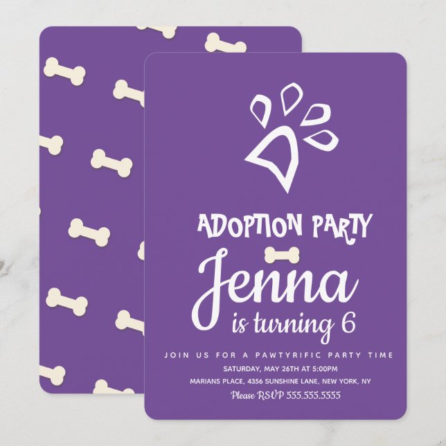 Minimalist Adoption Pet Dog Birthday Party Purple Invitation (Front/Back)
