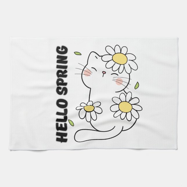 Minimalist Aesthetic Hello Spring Cat & Daisy  Kitchen Towel (Horizontal)