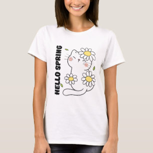 Minimalist Aesthetic Hello Spring Cat & Daisy  T-Shirt