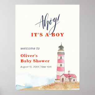 Minimalist Ahoy Boy Lighthouse Baby Shower Welcome Poster