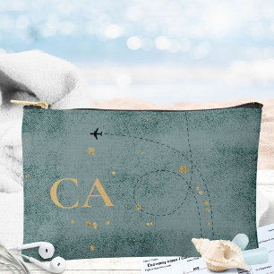 Minimalist Airplane Dusty Blue Monogram Travel Accessory Pouch