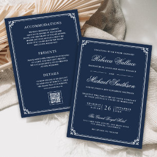 Minimalist All in One QR Code Navy Blue Wedding Invitation