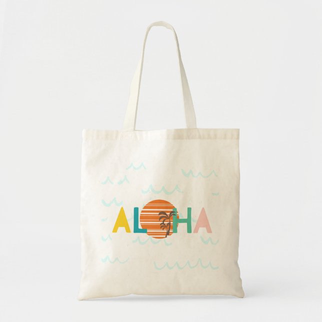Minimalist "Aloha" Sunset & Palm Tree Graphic Tote Bag (Front)