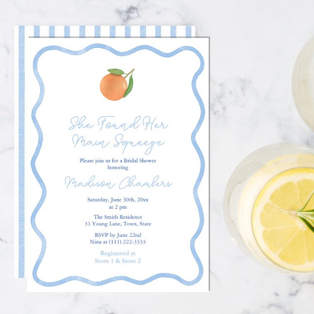 Minimalist Amalfi Coast Wavy Border Bridal Shower Invitation (Trendy Wavy Border Citrus Orange Main Squeeze Bridal Shower Invitation With Pale Blue Stripe Reverse)